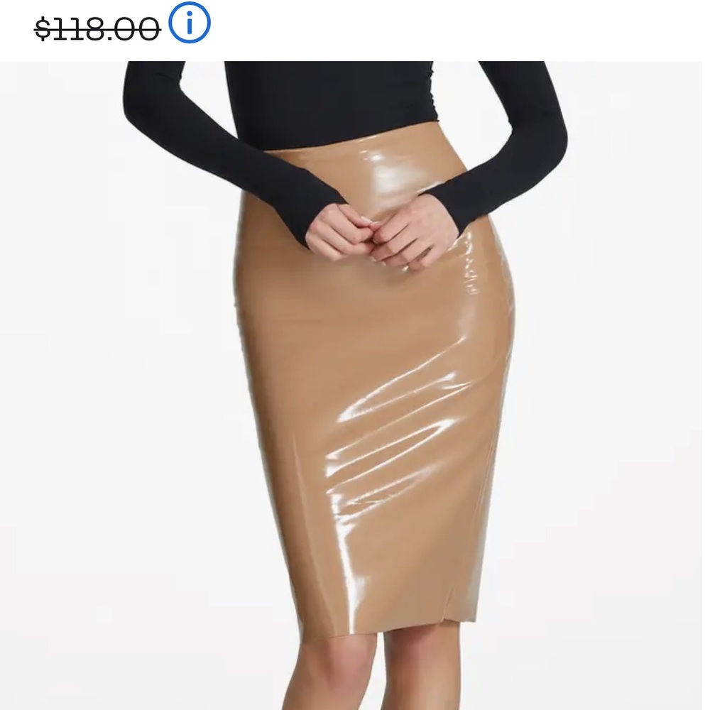 NWT Commando patent midi skirt tan
